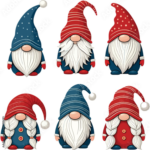 Six adorable and minimalist gnomes, each with a unique blue or red hat in various playful shapes, from pointy to curved 