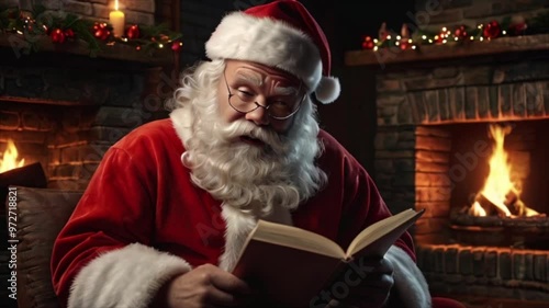Santa Claus reading a book next to the fireplace. Generative AI Video