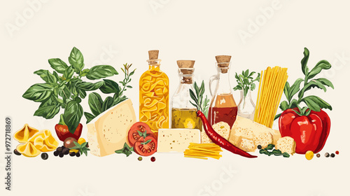 Italian food set, ingredients. Hand drawn illustration set of traditional products: olive oil, tomatoes, mozzarella, pizza, cheese, pasta, peppers. Rustic retro vector food set