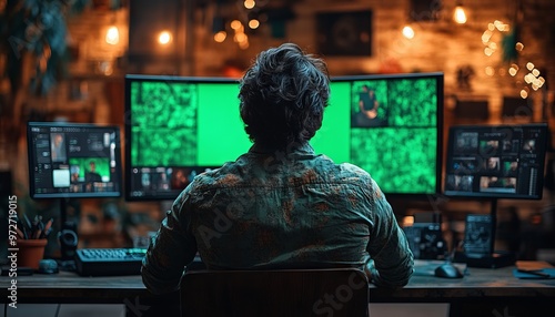 Young Indian Man at Desk with Green Screen Monitor in Office - AI generated illustration