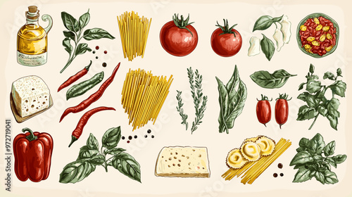 Italian food set, ingredients. Hand drawn illustration set of traditional products: olive oil, tomatoes, mozzarella, pizza, cheese, pasta, peppers. Rustic retro vector food set