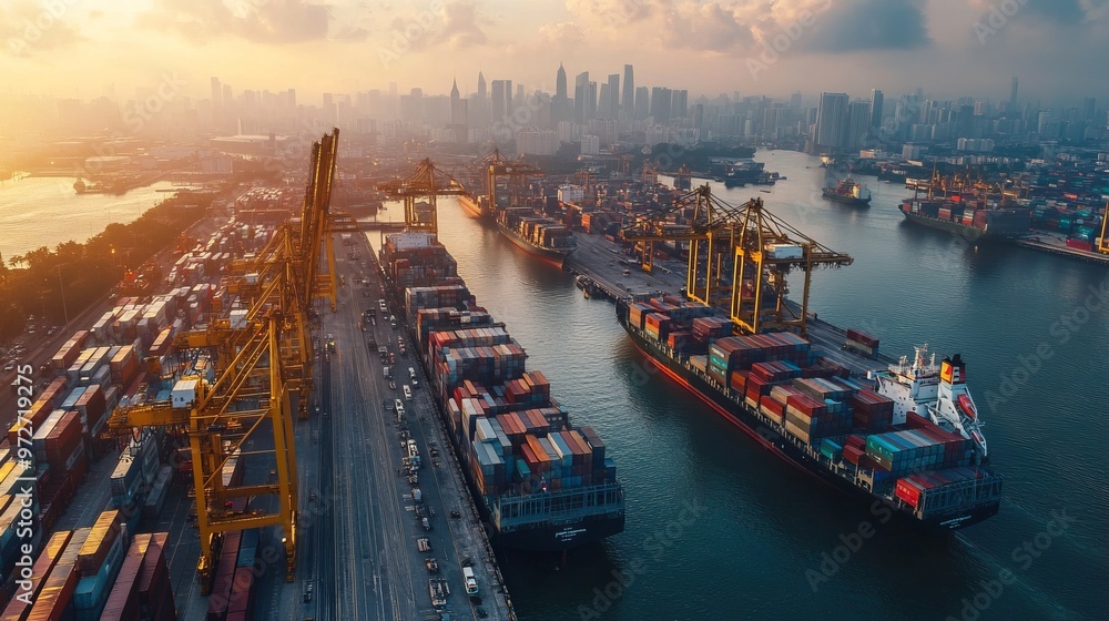 Naklejka premium Expansive aerial shot of a bustling harbor with ships docked, cranes loading containers, and a city skyline in the background. 4K hyperrealistic photo.