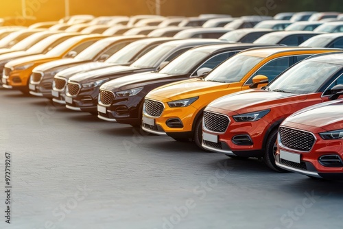 Organized rows of SUVs, sedans, and trucks in a used car dealership lot, symbolizing variety and customer choice SUVs and sedans, Used car dealership