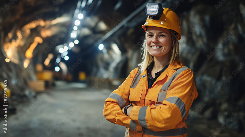 © Michael - Smiling female miner standing with crossed arms in a brightly lit mine tunnel