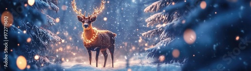 A majestic deer adorned with lights stands gracefully in a snowy forest, evoking winter magic and holiday spirit.