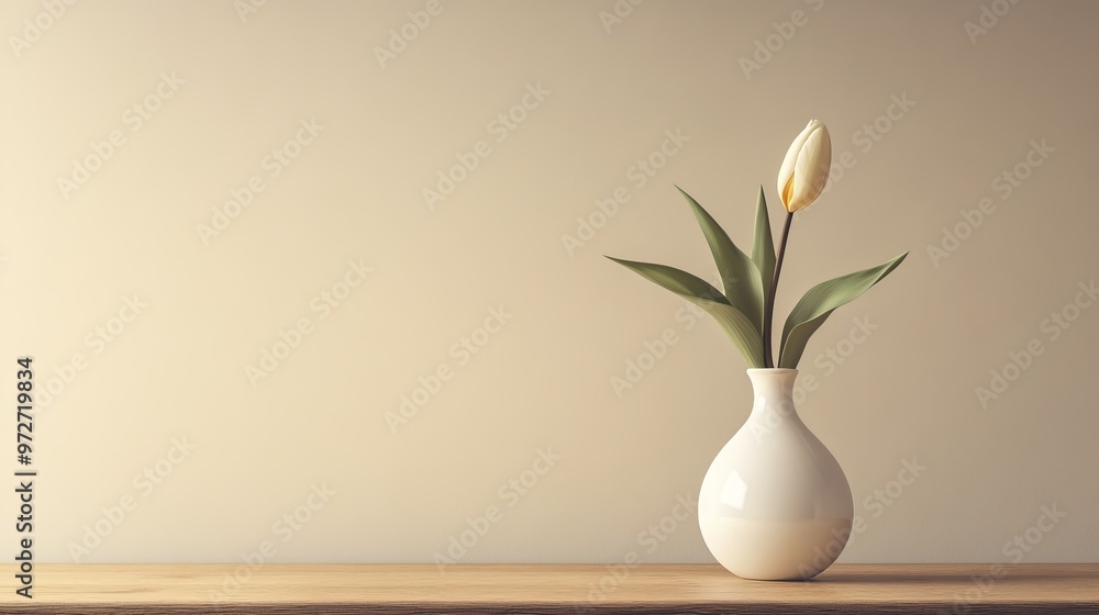 Minimalist still life with a single white ceramic vase holding one tulip, placed on a plain wooden table against a neutral background, 4K hyperrealistic photo. Minimalist still life with a single white ceramic vase holding one tulip, placed on a plain wooden table against a neutral background, 4K hyperrealistic photo.