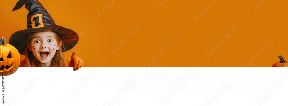 Fototapeta premium Banner of a young girl surprised with a halloween witch's hat holding a white blank banner for a message on a orange background. Spacy text. Commercial and seasonal event.