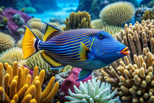 Vibrant blue jaw triggerfish swims near coral reef, showcasing its distinctive blue throat and vibrant yellow stripes, photo