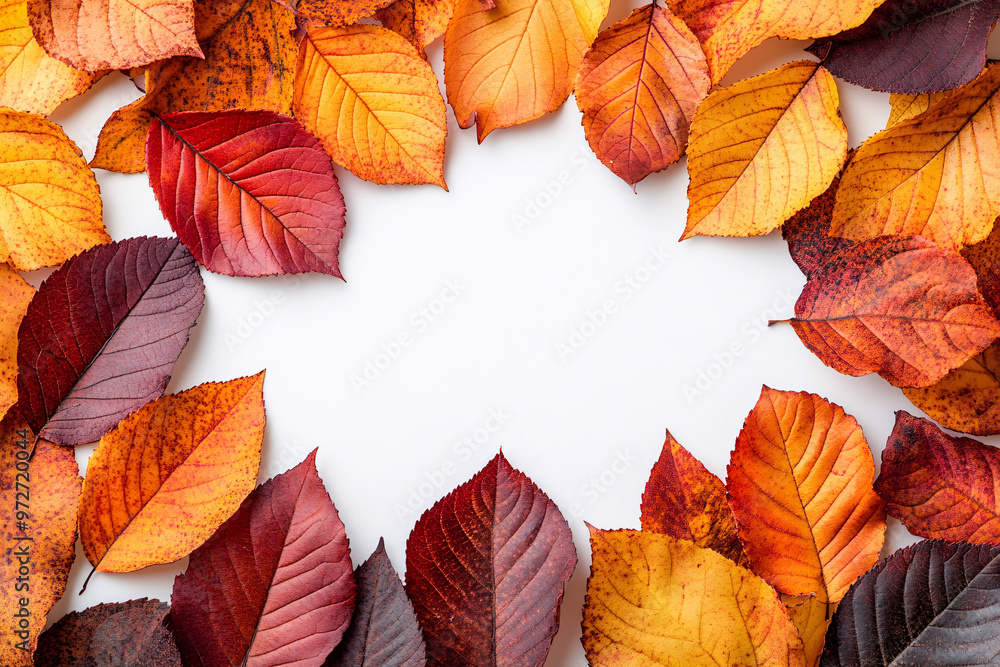 Obraz premium Orange fall leaves in park, autumn natural background, Autumn Landscape - Trees And Orange Foliage In Park