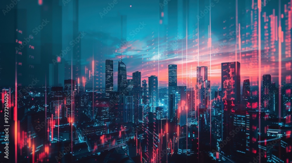 Vibrant city skyline at dusk with futuristic digital overlay and colorful sky illuminating urban landscape Vibrant city skyline at dusk with futuristic digital overlay and colorful sky illuminating urban landscape