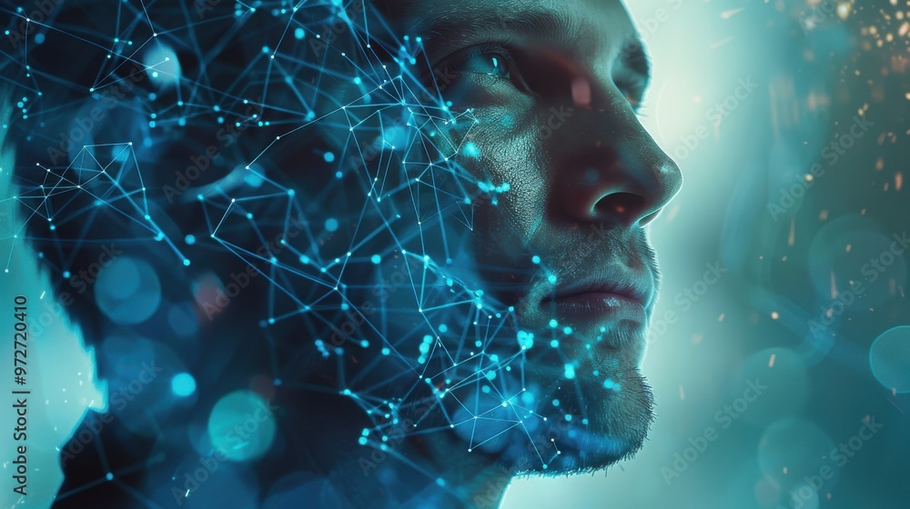 A close-up of a thoughtful individual with digital data patterns overlaying their face, representing the fusion of technology and human emotion