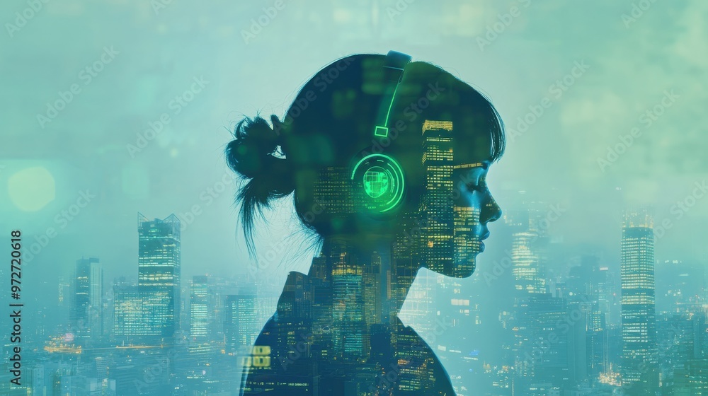 Woman with headphones immersed in a cityscape, reflecting urban life and technology in the background Woman with headphones immersed in a cityscape, reflecting urban life and technology in the background
