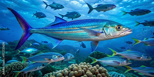 Vibrant blue ribbonfish with iridescent scales and flowing fins swims amidst coral reef, surrounded by schools of photo