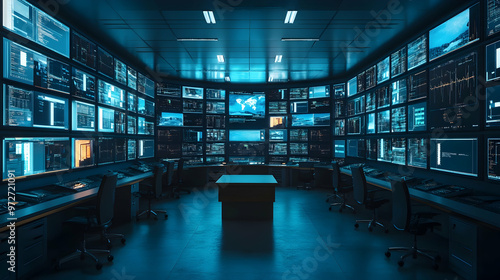 Security control room filled with multiple surveillance screens