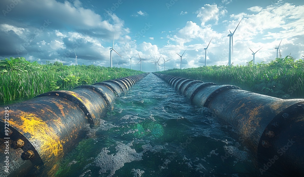 Oil Pipe with Wind Turbines, Solar Panels, and Green Fields in Advertisement for Virtual Reality Camera - AI generated illustration Oil Pipe with Wind Turbines, Solar Panels, and Green Fields in Advertisement for Virtual Reality Camera - AI generated illustration
