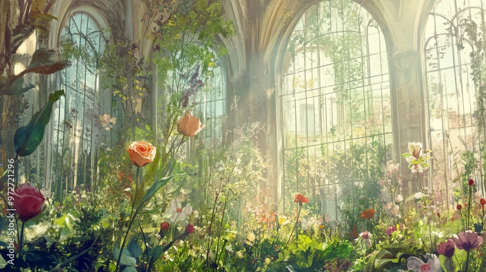 A Serene Glasshouse Filled with Lush Flowers and Sunlight A Serene Glasshouse Filled with Lush Flowers and Sunlight