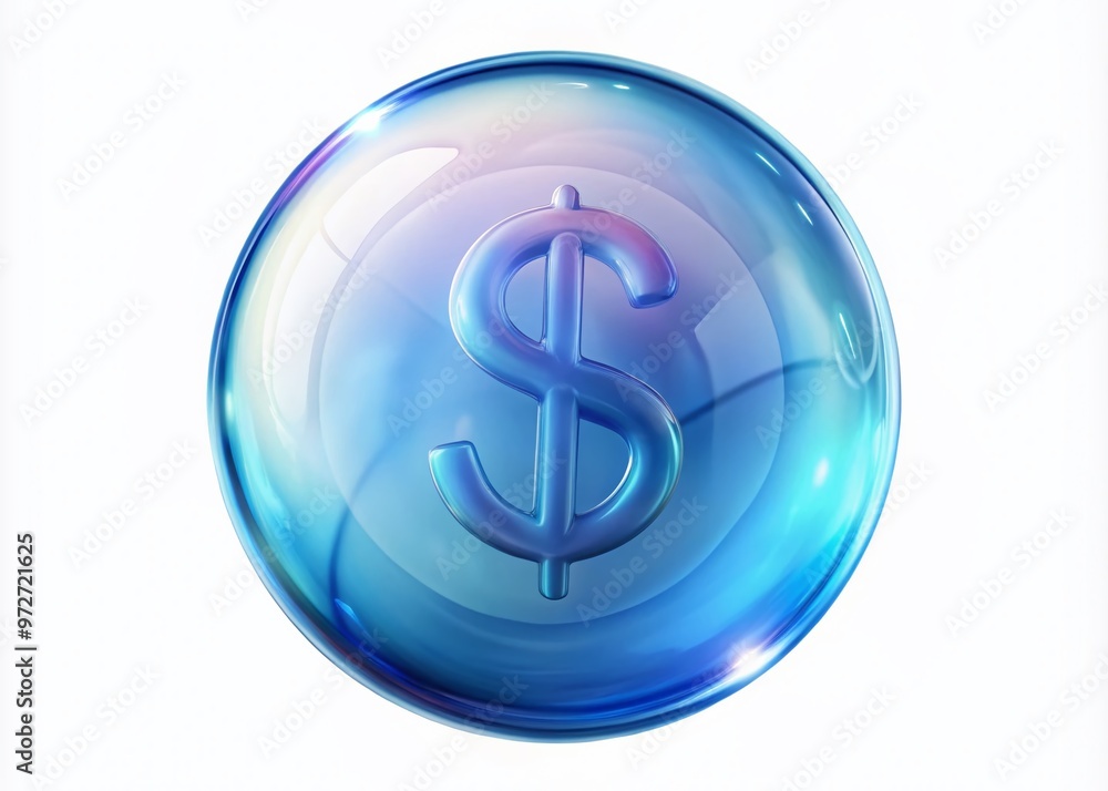 Vibrant blue soap bubble encapsulates a shimmering silver dollar sign, suspended in mid-air against a bright, white Vibrant blue soap bubble encapsulates a shimmering silver dollar sign, suspended in mid-air against a bright, white