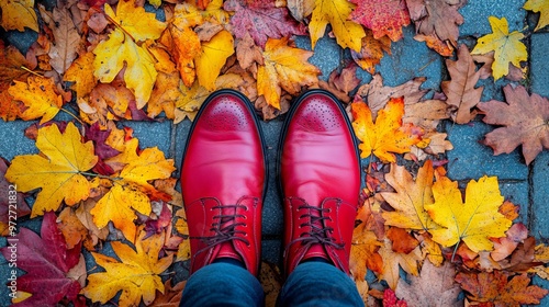 A vibrant image of red leather shoes standing out against a backdrop of fallen autumn leaves, capturing the essence of fall fashion and the season's colorful beauty on a city street.