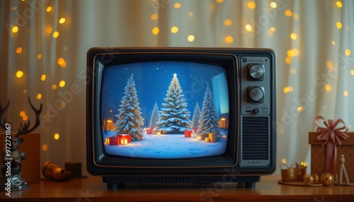 A retro television screen showing a Christmas special, blending old-school broadcast style