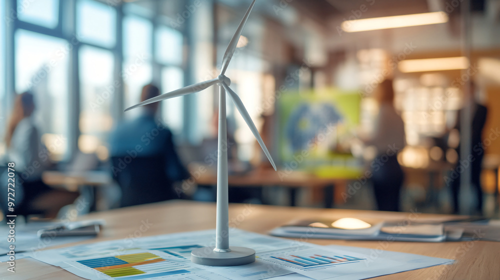 Fototapeta premium White miniature wind turbine standing on meeting table with documents and digital tablet, engineers discussing project in background