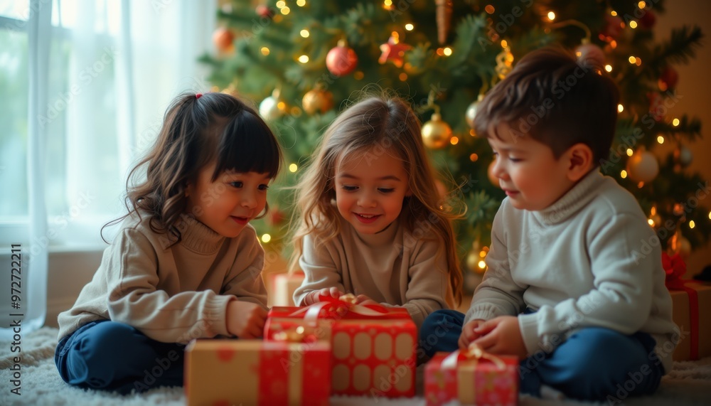 Children Unwrapping Christmas Gifts Children Unwrapping Christmas Gifts