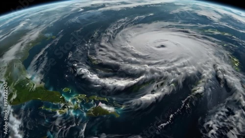 Realistic animation of a large hurricane storm, satellite view. Generative AI Video