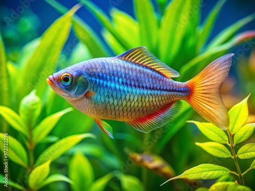 Vibrant Boesemani rainbowfish swim amidst lush green aquatic plants and gentle water flow in a serene, well-maintained photo