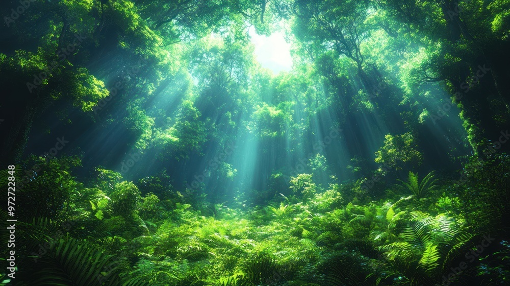 Obraz premium Lush forest with sunlight filtering through dense foliage.