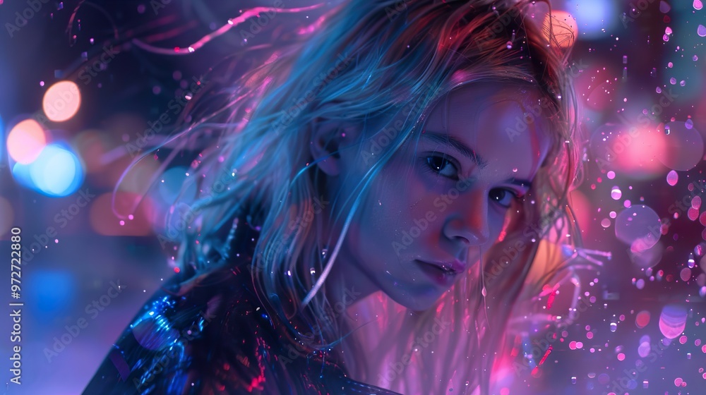 Woman in Neon City Lights - Digital Art Woman in Neon City Lights - Digital Art
