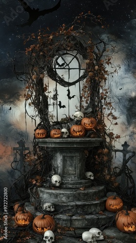 A spooky podium adorned with skulls and pumpkins, set against an eerie, cloud-filled night sky over a deserted cemetery