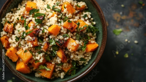 A healthy grain salad featuring millet, roasted butternut squash, and a citrus dressing.