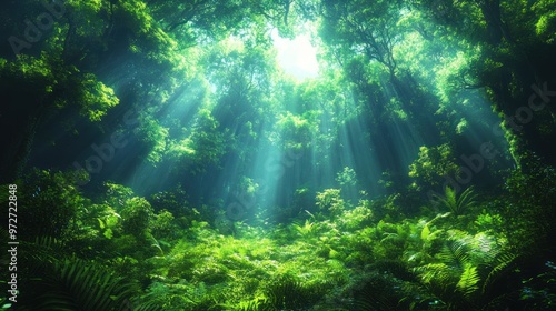 Lush forest with sunlight filtering through dense foliage.