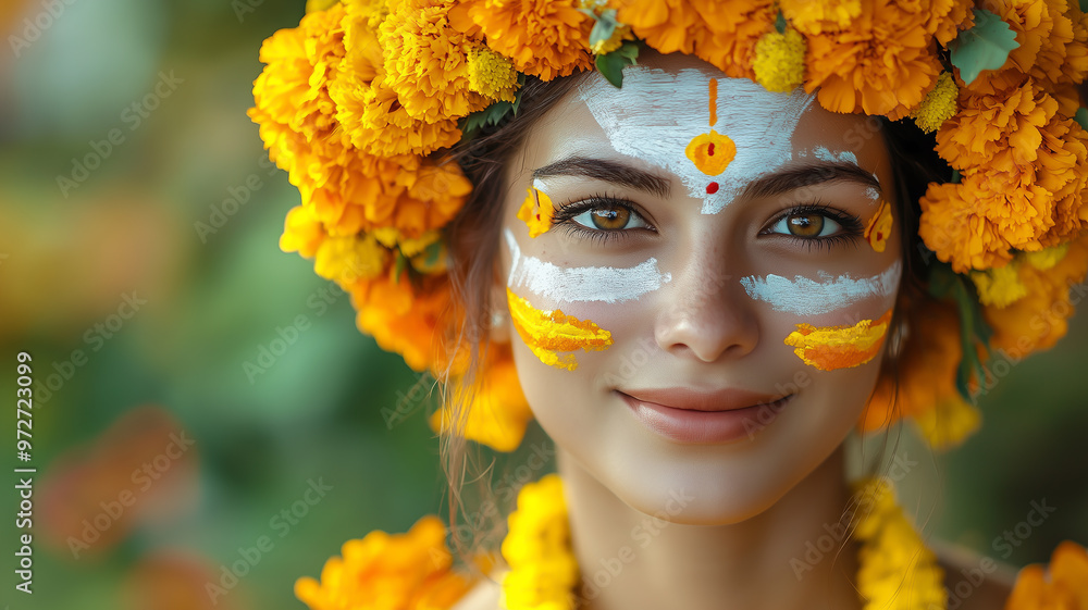 A woman wearing a crown of marigolds, traditional face paint with soft focus on the background A woman wearing a crown of marigolds, traditional face paint with soft focus on the background