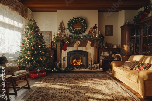 a warm and cozy living room with a decorated christmas tree and a fireplace