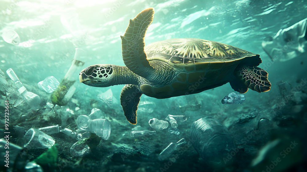Fototapeta premium sea turtle swimming through a patch of ocean filled with crumpled plastic bottles, emphasizing the environmental impact