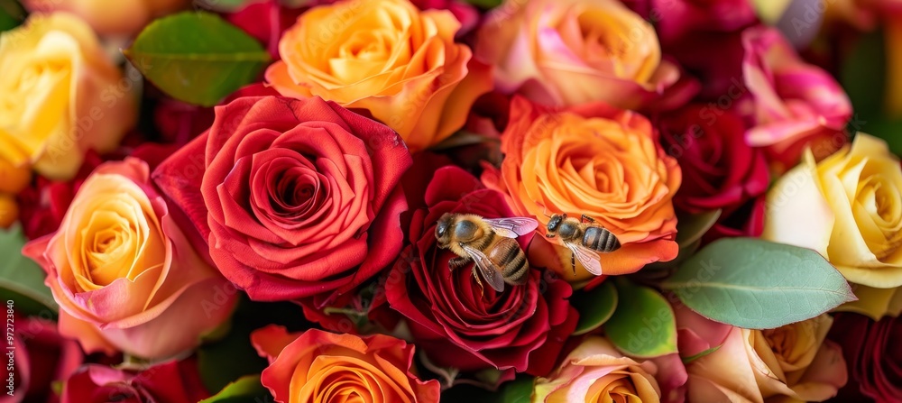 Fototapeta premium Bouquet of Vibrant Orange, Red, and Yellow Roses With Bees A Celebration of Color and Nature
