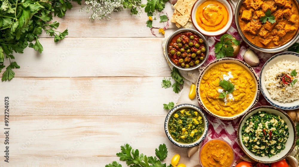 Assortment of Indian dishes on a white wooden table. Assortment of Indian dishes on a white wooden table.