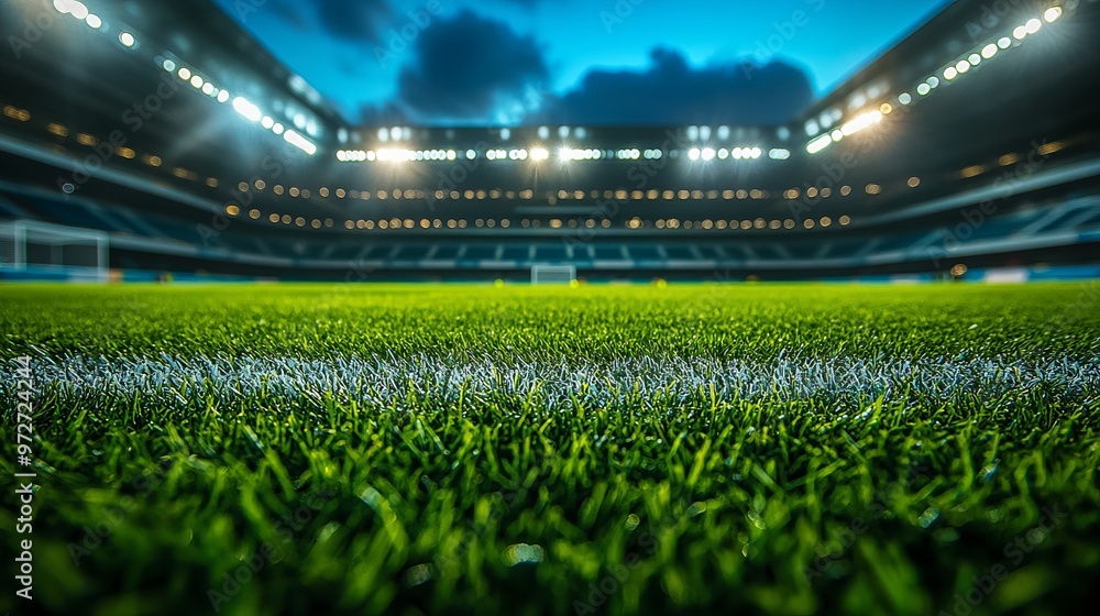 Φωτογραφία A brightly lit soccer stadium highlighting freshly manicured green grass under the floodlights at night, capturing the essence of a grand sports arena ready for action