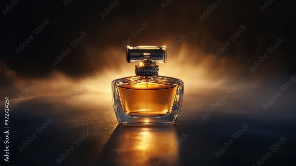 A high-end glass perfume bottle, centered in the frame, with soft lighting highlighting its A high-end glass perfume bottle, centered in the frame, with soft lighting highlighting its
