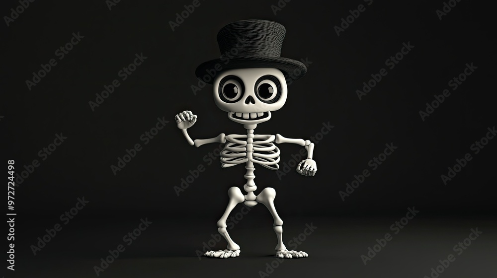 A dancing cartoon skeleton with big eyes and a top hat, set against a plain black background, creating a fun and spooky Halloween vibe. A dancing cartoon skeleton with big eyes and a top hat, set against a plain black background, creating a fun and spooky Halloween vibe.