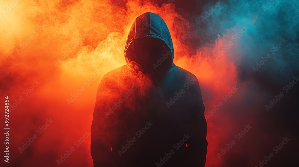 A hooded figure stands in a cloud of smoke A hooded figure stands in a cloud of smoke