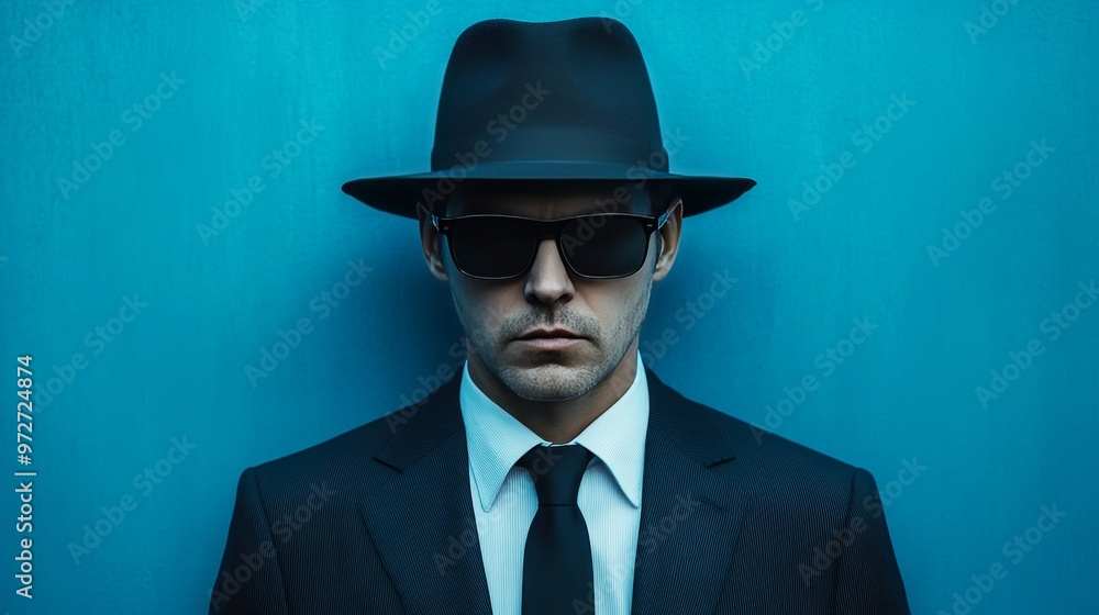 A man in a suit and hat is standing in front of a blue wall A man in a suit and hat is standing in front of a blue wall