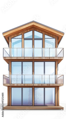 A tall building with a wooden exterior and a glass facade
