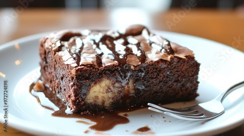 A decadent brownie dessert with a bite taken out, resting on a white plate with a fork beside it, showing the gooey inside.