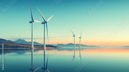 Wallpaper Mural Simplified flat design of wind turbines on a calm coastal shore, clean geometric forms and vibrant colors, renewable energy theme Torontodigital.ca
