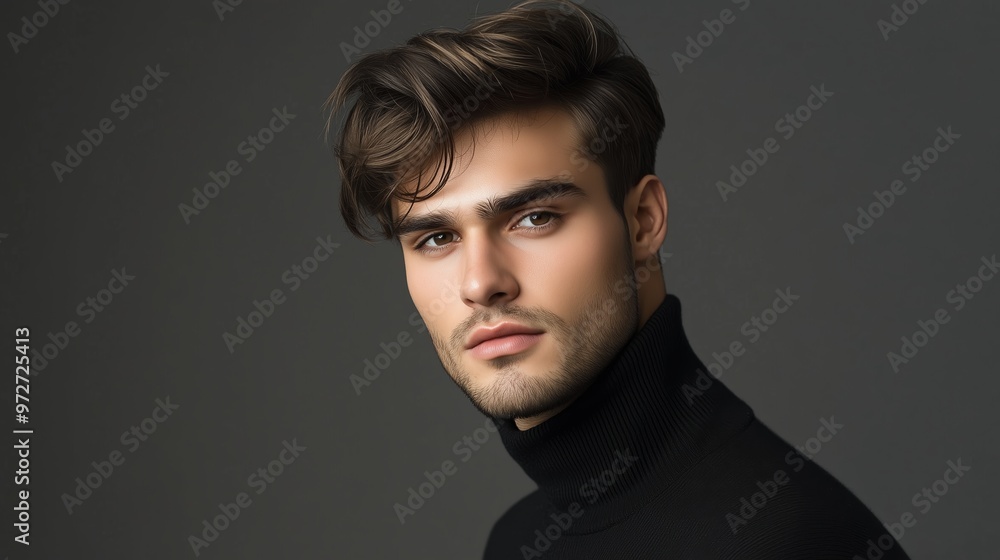 Stylish young man poses confidently in a high-fashion black turtleneck sweater against a muted backdrop Stylish young man poses confidently in a high-fashion black turtleneck sweater against a muted backdrop