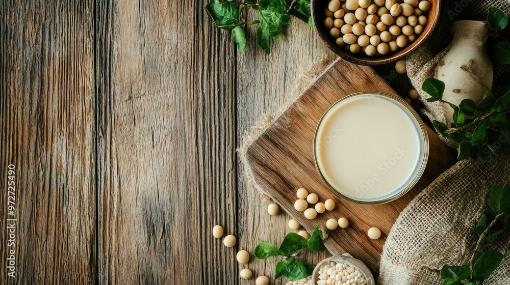 A flat lay of soy milk ingredients, including soybeans and a glass of the milk, arranged on a rustic wooden background. A flat lay of soy milk ingredients, including soybeans and a glass of the milk, arranged on a rustic wooden background.