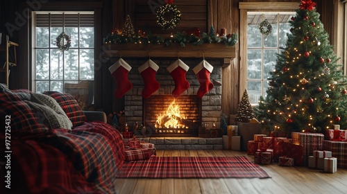 Cozy living room with a roaring fireplace, Christmas tree adorned with twinkling lights, stockings hanging, plaid blankets, and soft pillows. 4K hyperrealistic photo.