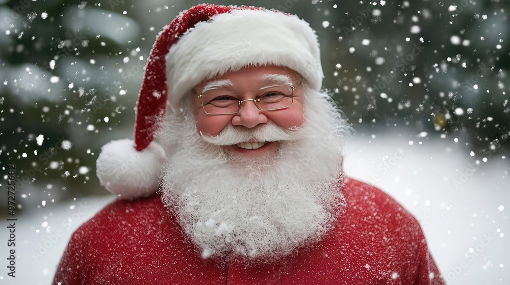 Jolly Santa Claus smiling in a snowy landscape, spreading holiday cheer with his iconic red suit and fluffy white beard. Jolly Santa Claus smiling in a snowy landscape, spreading holiday cheer with his iconic red suit and fluffy white beard.