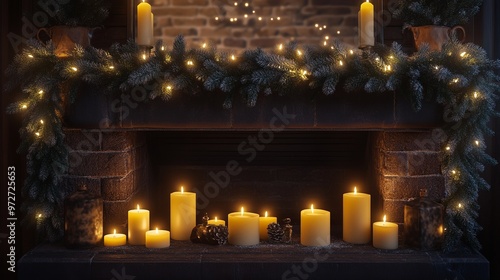 Fireplace mantle decorated with garland transitioning from rich green to frosty white, with glowing candles placed throughout. 4K hyperrealistic photo.